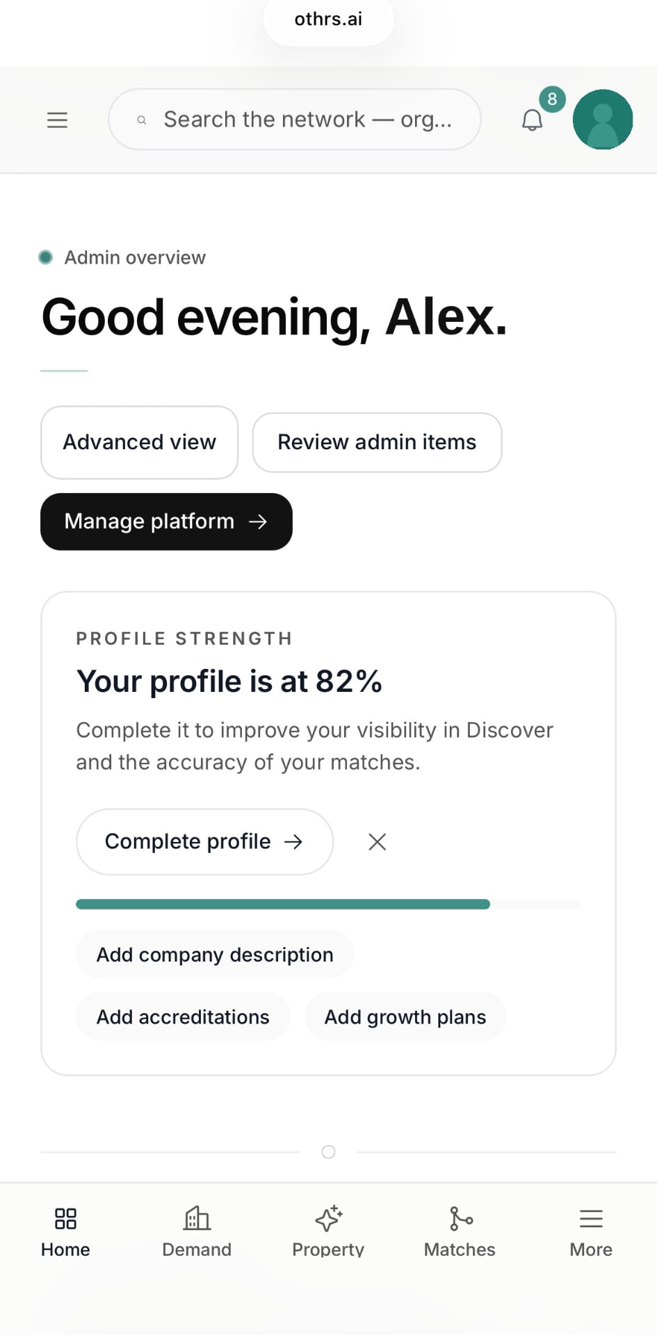 The OTHRS platform dashboard on mobile, showing live network figures and high-confidence matches