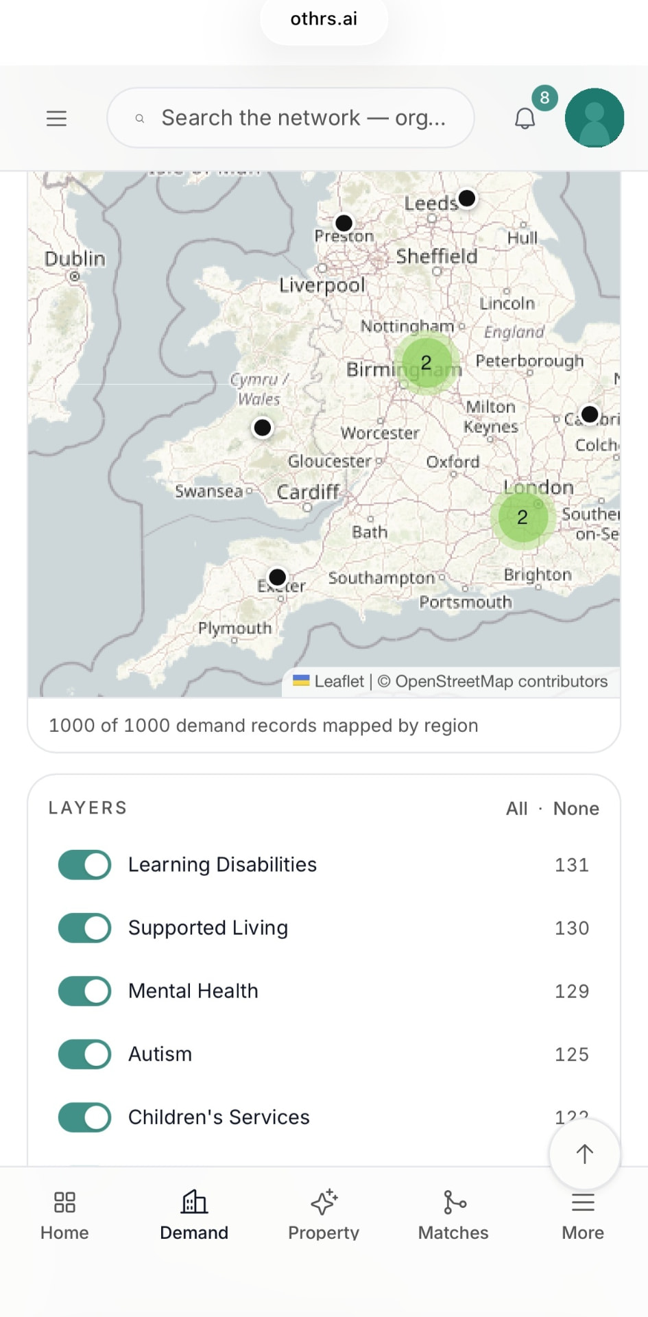 The OTHRS platform dashboard on mobile, showing live network figures and high-confidence matches