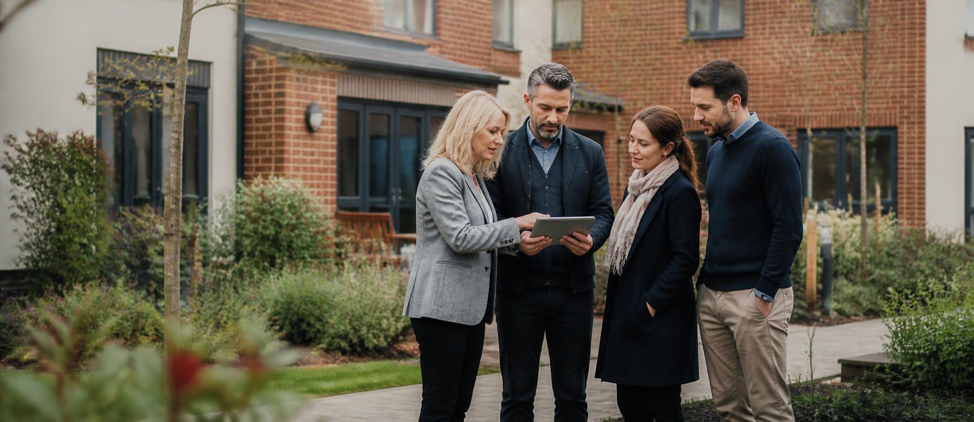 Housing and care professionals reviewing a scheme together outside a completed supported-living development