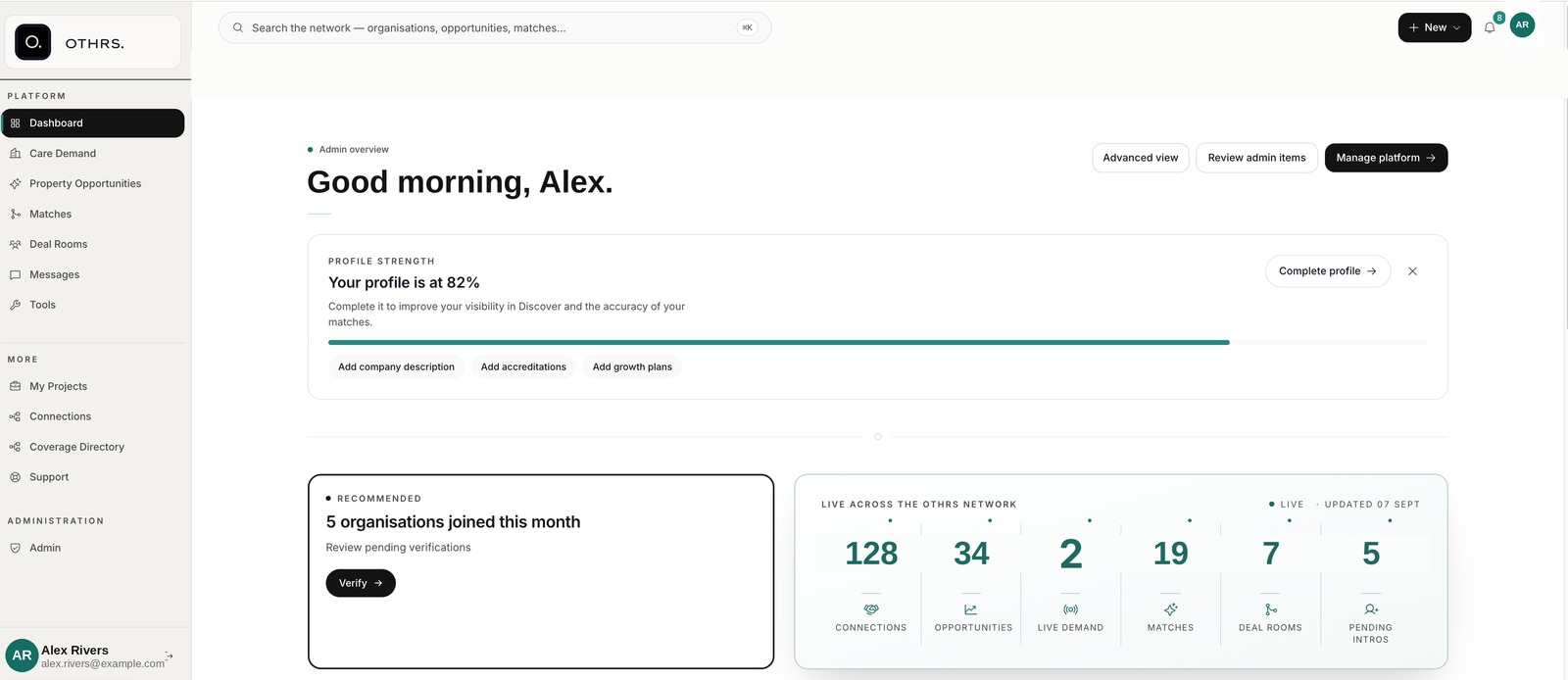 OTHRS dashboard showing live network figures and matched opportunities